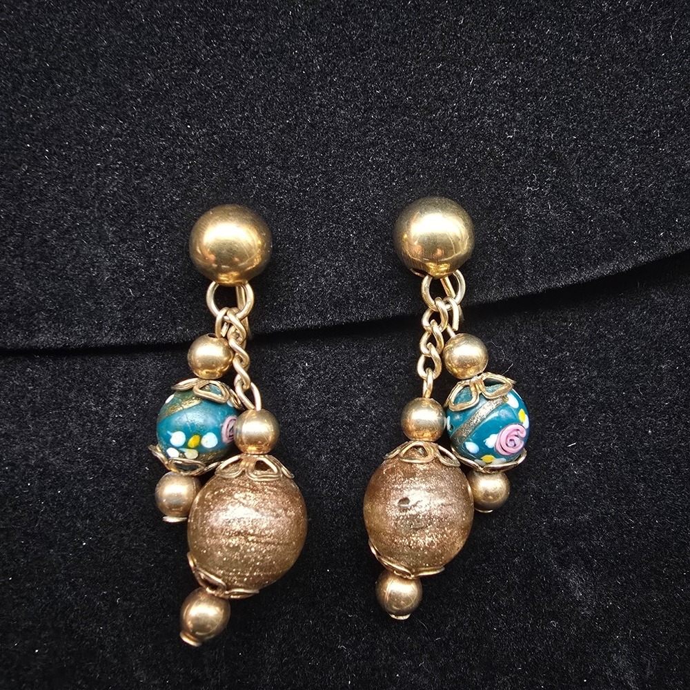 Venetian Glass Gold Tone Blue Beaded Clip On Earrings Vintage Jewelry